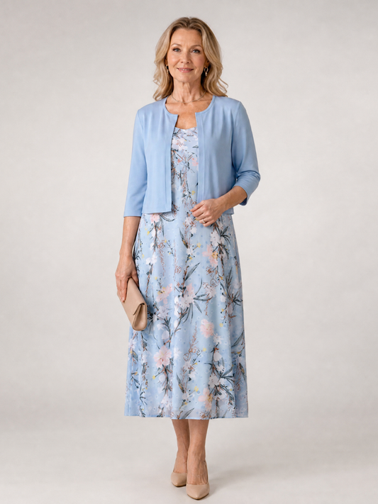 Women's Floral Print Midi Dress with Cropped Jacket