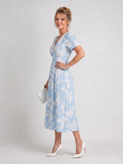 Women's Floral Print Midi Dress with V-Neck for Everyday
