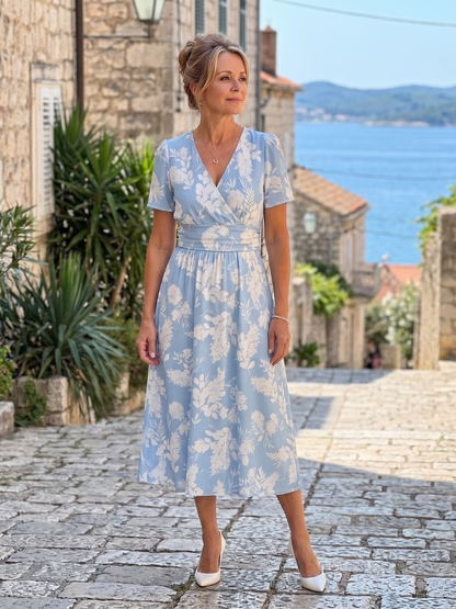 Women's Floral Print Midi Dress with V-Neck for Everyday