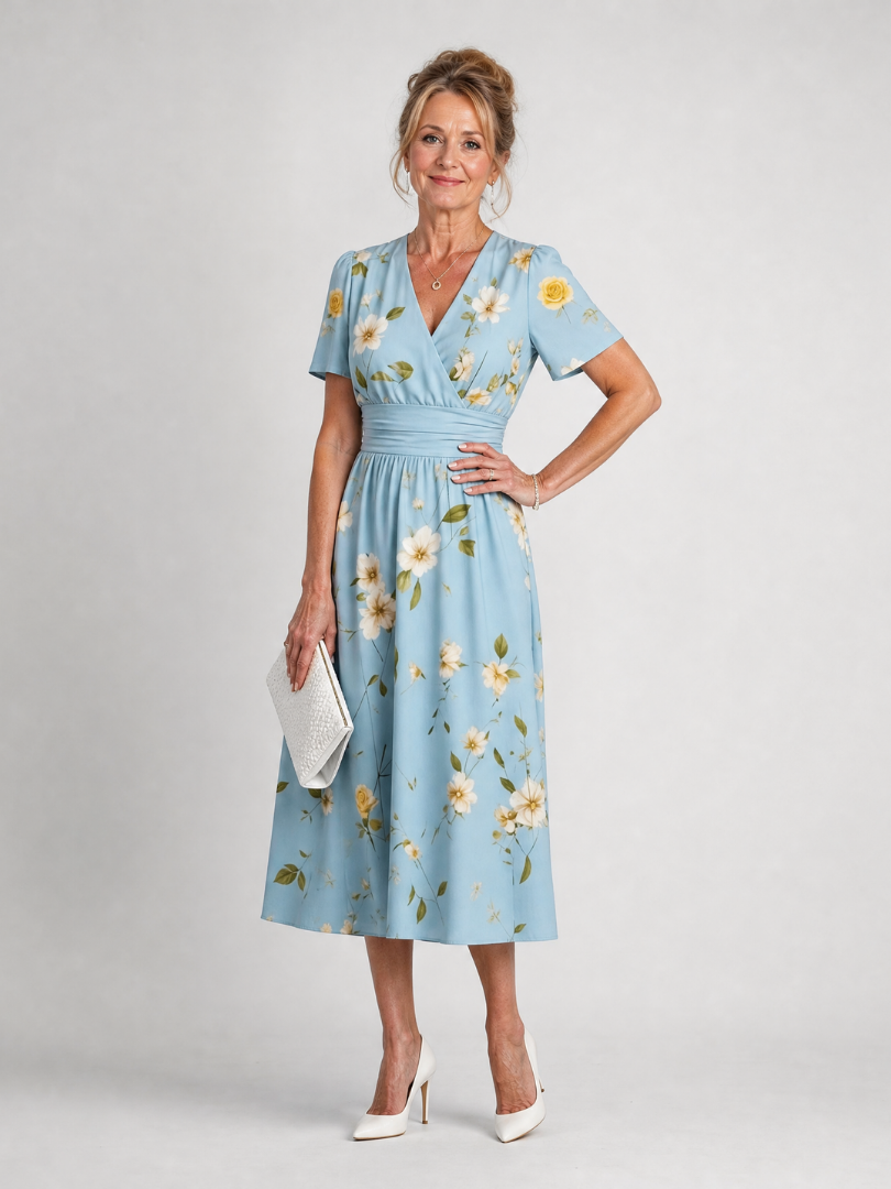 Women's Floral Print Midi Dress with V-Neck for Everyday