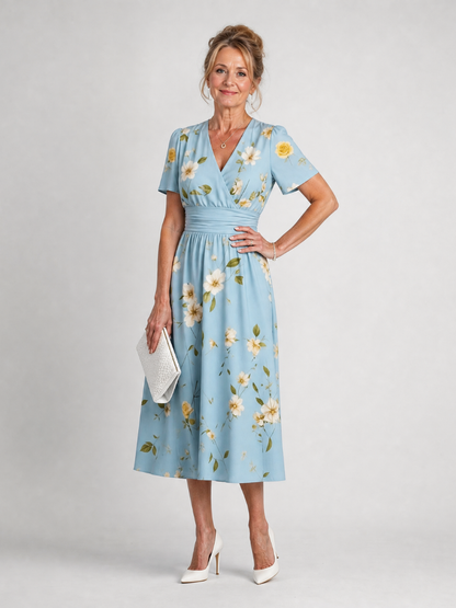 Women's Floral Print Midi Dress with V-Neck for Everyday
