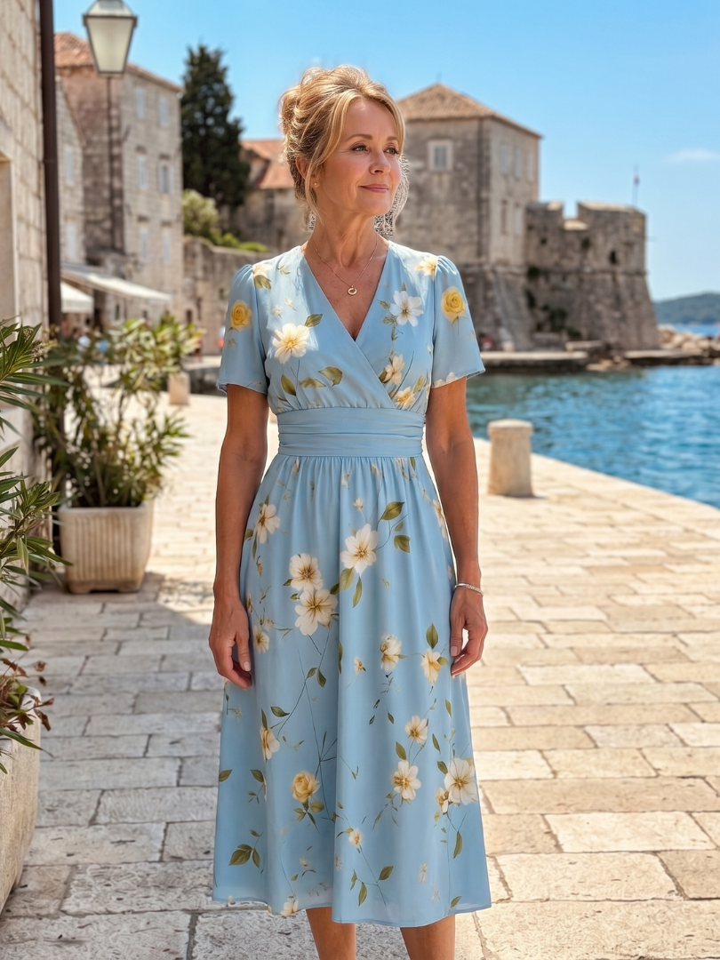 Women's Floral Print Midi Dress with V-Neck for Everyday