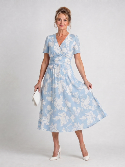 Women's Floral Print Midi Dress with V-Neck for Everyday