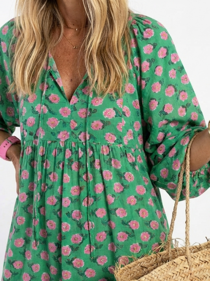 Women's Floral Print Midi Dress with V-Neck for Summer