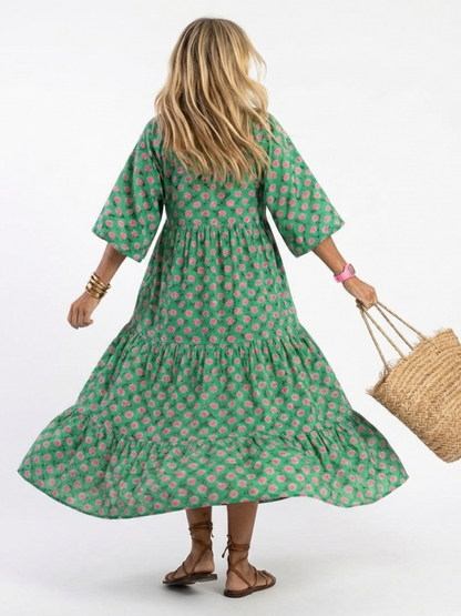 Women's Floral Print Midi Dress with V-Neck for Summer