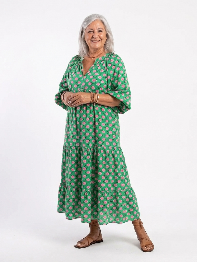 Women's Floral Print Midi Dress with V-Neck for Summer