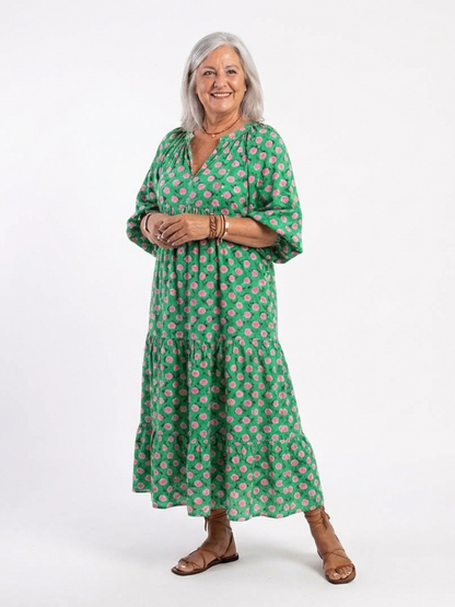 Women's Floral Print Midi Dress with V-Neck for Summer