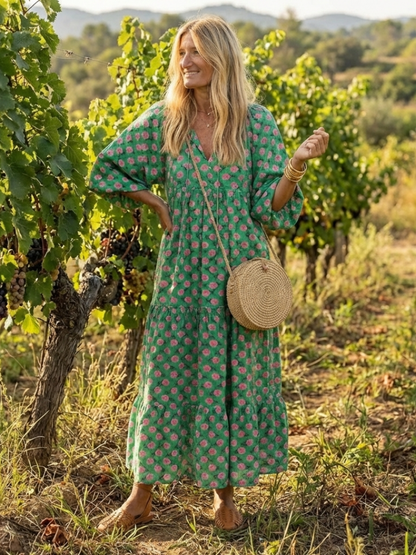 Women's Floral Print Midi Dress with V-Neck for Summer