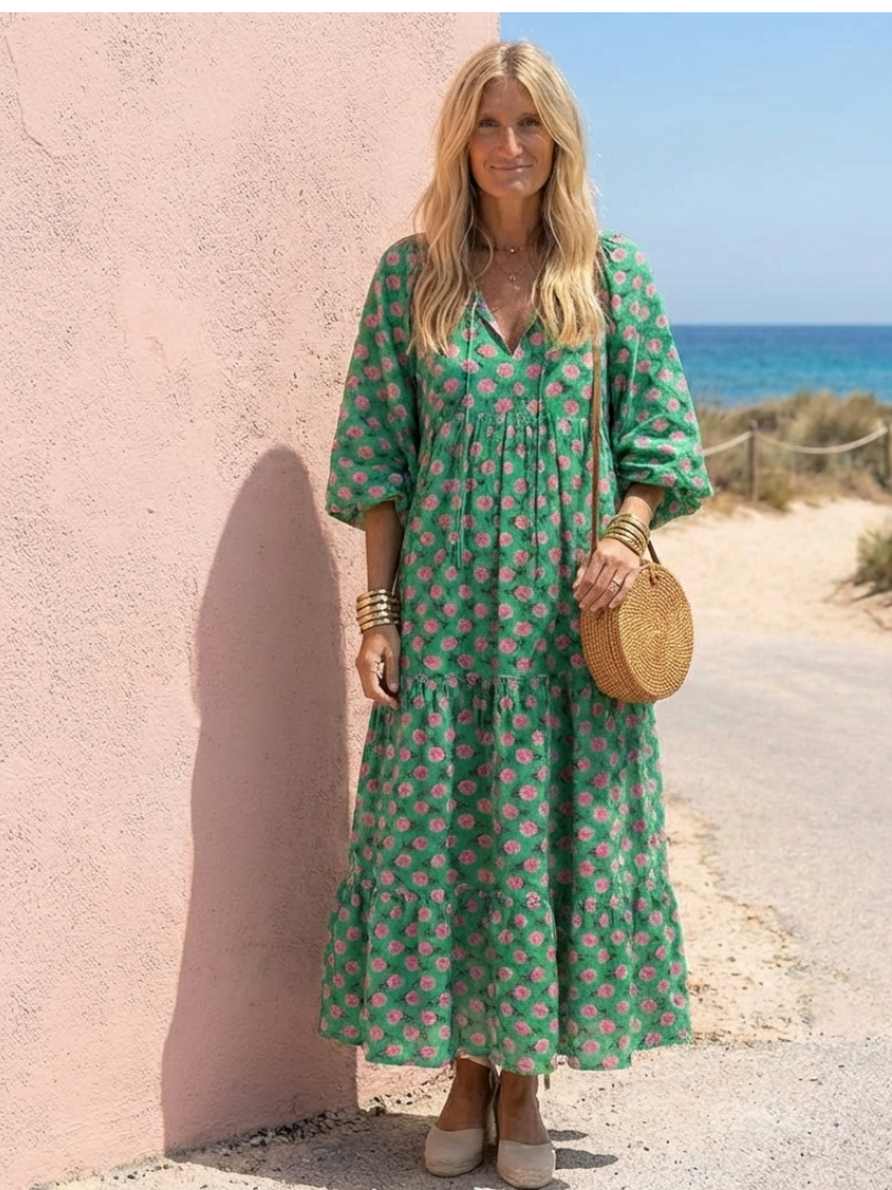 Women's Floral Print Midi Dress with V-Neck for Summer