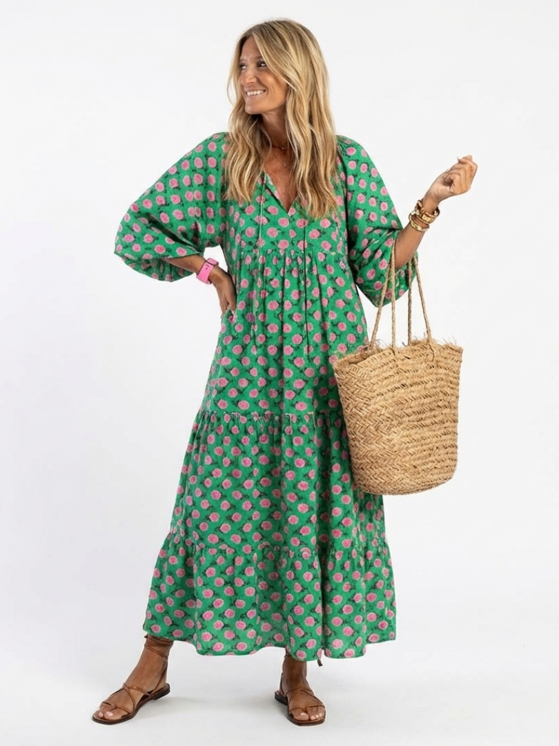 Women's Floral Print Midi Dress with V-Neck for Summer