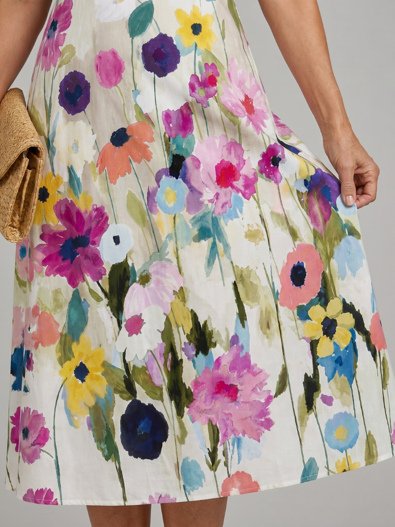 Women's Floral Sleeveless Midi Dress with Round Neck