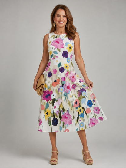 Women's Floral Sleeveless Midi Dress with Round Neck