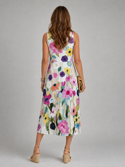 Women's Floral Sleeveless Midi Dress with Round Neck