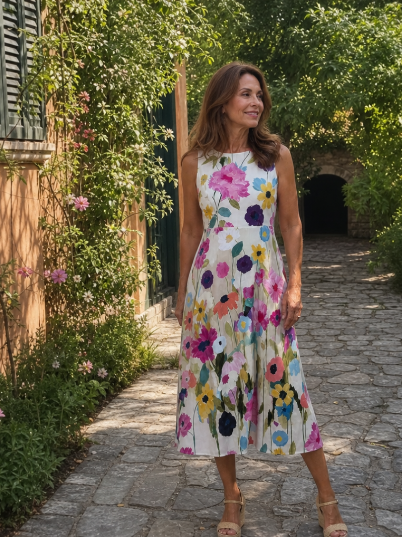 Women's Floral Sleeveless Midi Dress with Round Neck