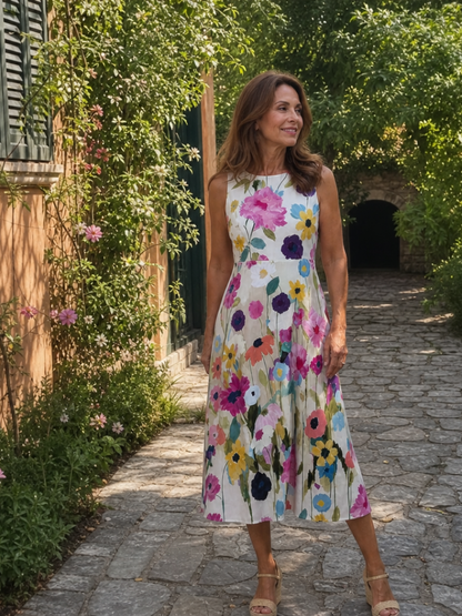 Women's Floral Sleeveless Midi Dress with Round Neck