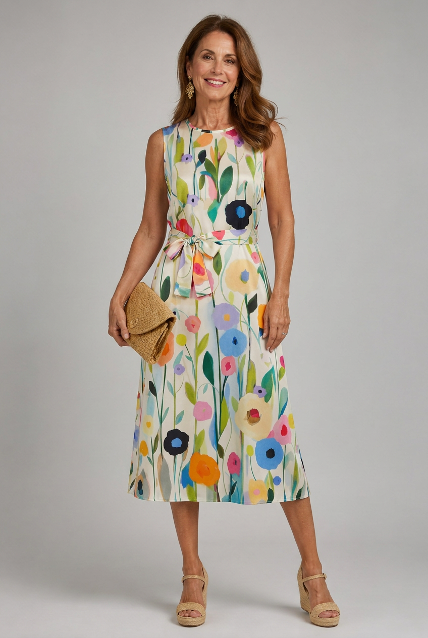 Women's Floral Sleeveless Midi Dress with Round Neck
