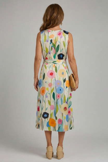 Women's Floral Sleeveless Midi Dress with Round Neck