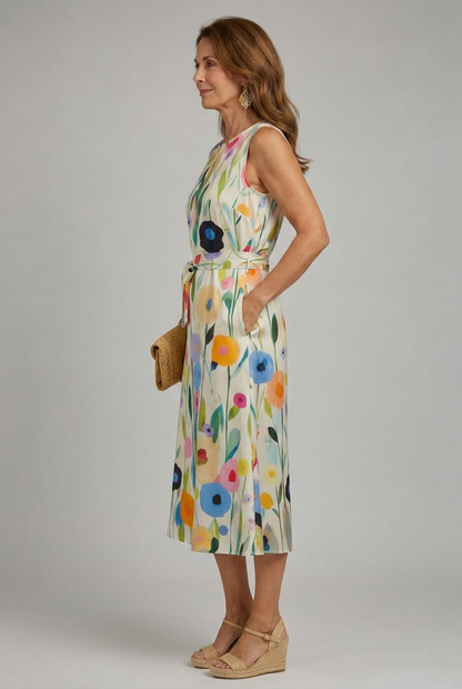 Women's Floral Sleeveless Midi Dress with Round Neck