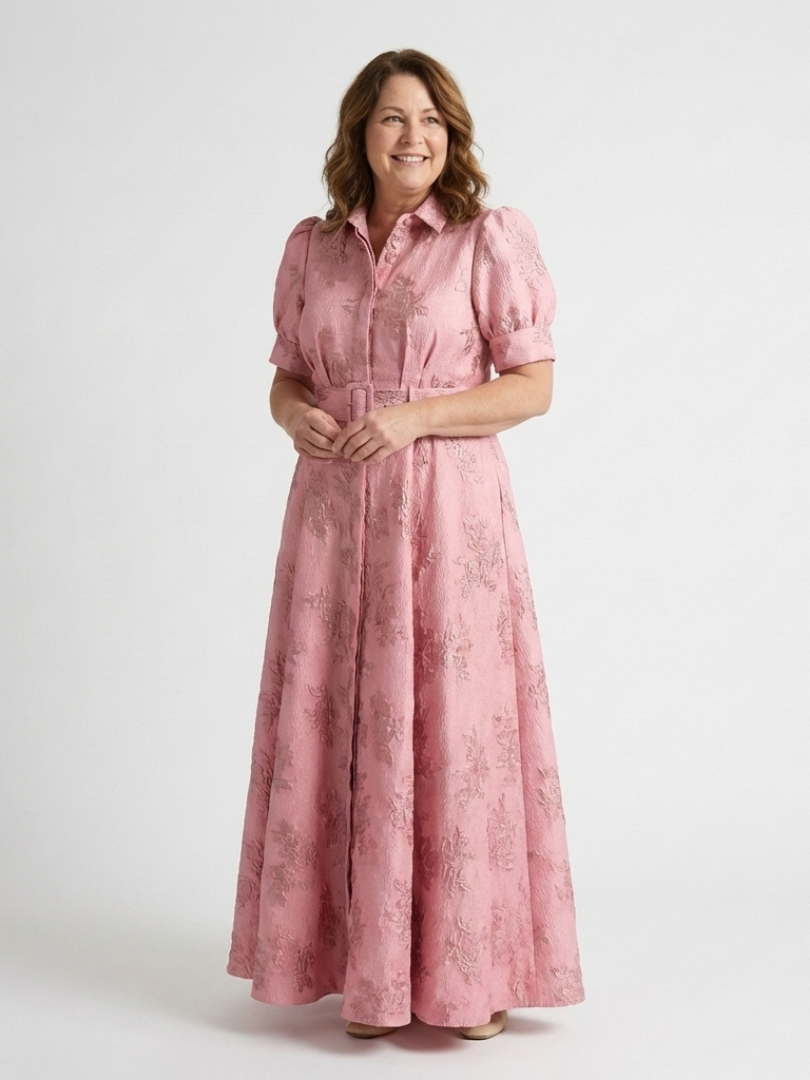 Women's Floral Textured Maxi Shirt Dress with Belt