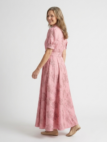 Women's Floral Textured Maxi Shirt Dress with Belt