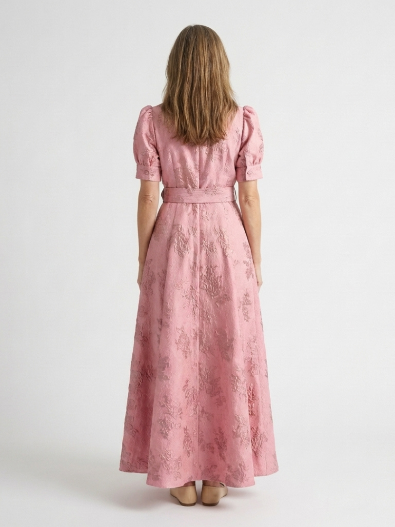 Women's Floral Textured Maxi Shirt Dress with Belt