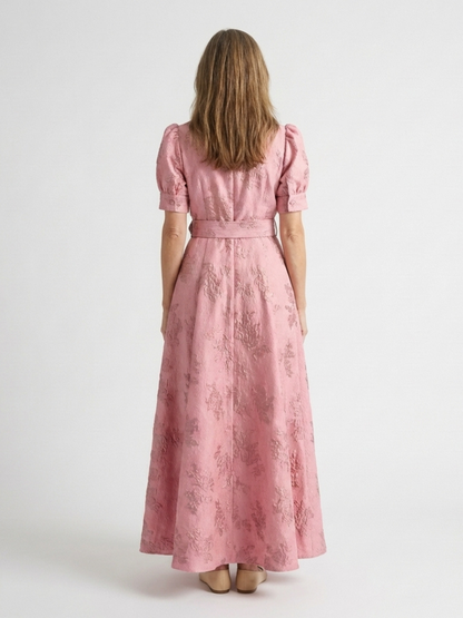 Women's Floral Textured Maxi Shirt Dress with Belt