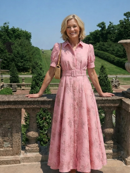 Women's Floral Textured Maxi Shirt Dress with Belt