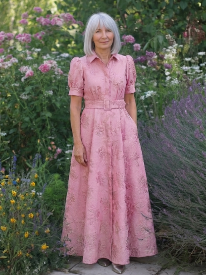 Women's Floral Textured Maxi Shirt Dress with Belt