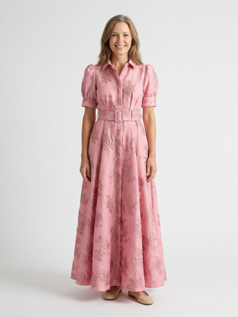Women's Floral Textured Maxi Shirt Dress with Belt