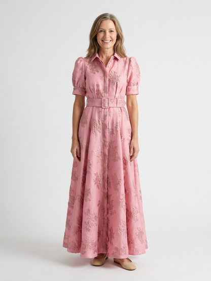 Women's Floral Textured Maxi Shirt Dress with Belt
