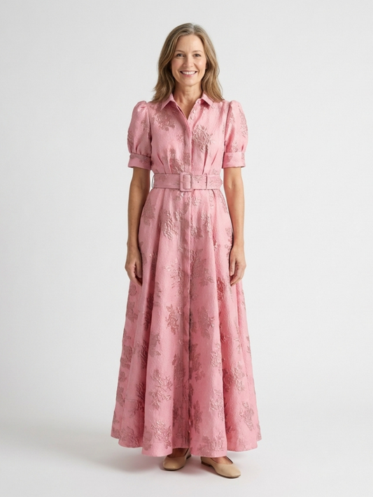 Women's Floral Textured Maxi Shirt Dress with Belt