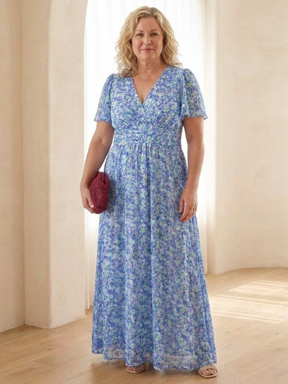 Women's Floral V Neck Maxi Dress with Gathered Waist