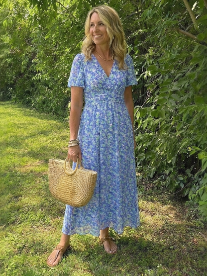 Women's Floral V Neck Maxi Dress with Gathered Waist