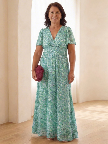 Women's Floral V Neck Maxi Dress with Gathered Waist