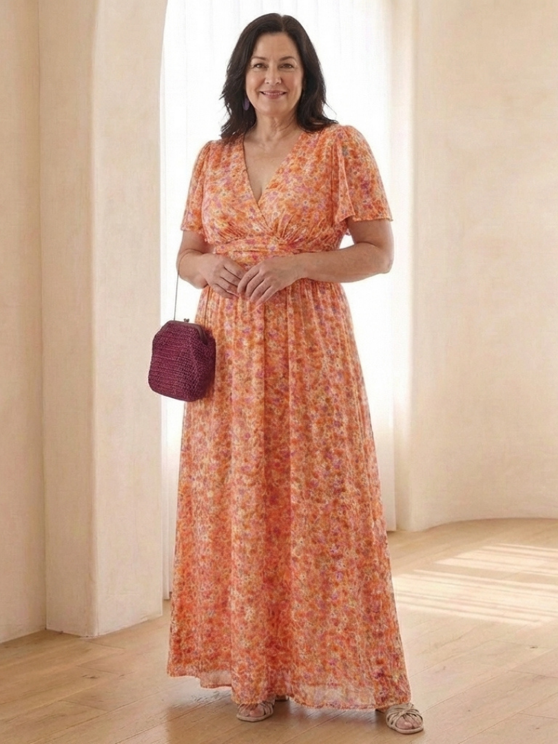 Women's Floral V Neck Maxi Dress with Gathered Waist