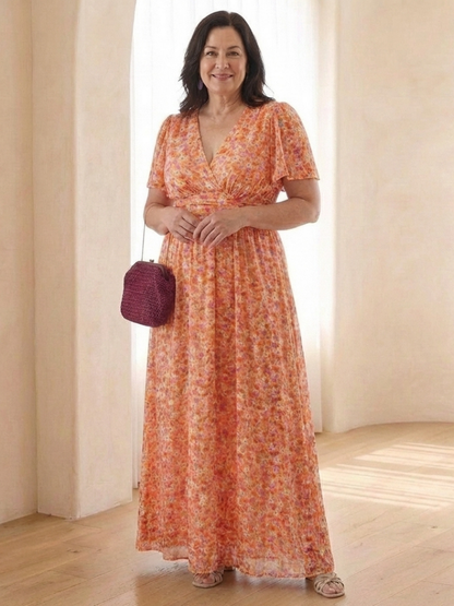 Women's Floral V Neck Maxi Dress with Gathered Waist