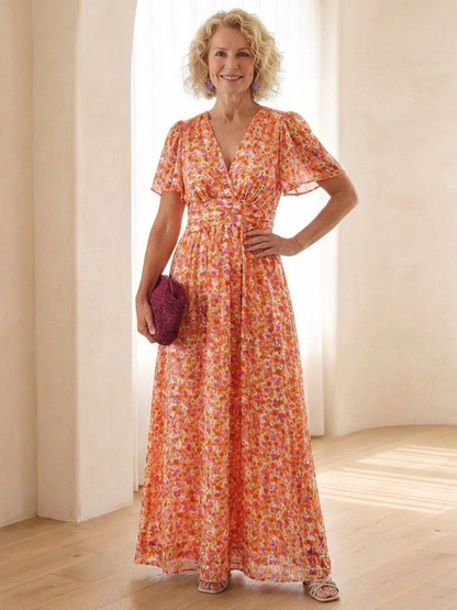 Women's Floral V Neck Maxi Dress with Gathered Waist