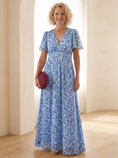 Women's Floral V Neck Maxi Dress with Gathered Waist
