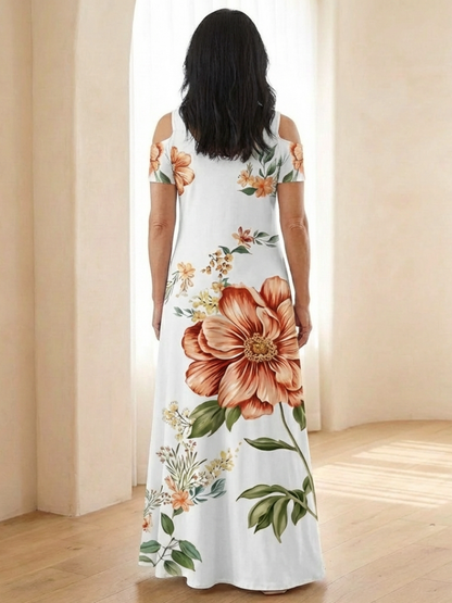 Women's Floral V Neck Maxi Dress with Short Sleeves