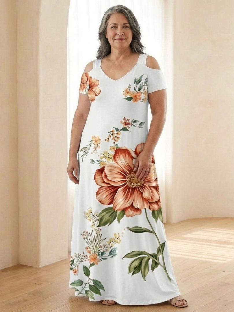 Women's Floral V Neck Maxi Dress with Short Sleeves