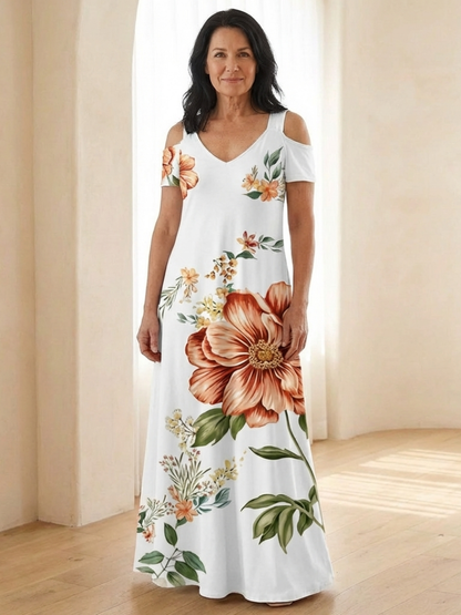 Women's Floral V Neck Maxi Dress with Short Sleeves