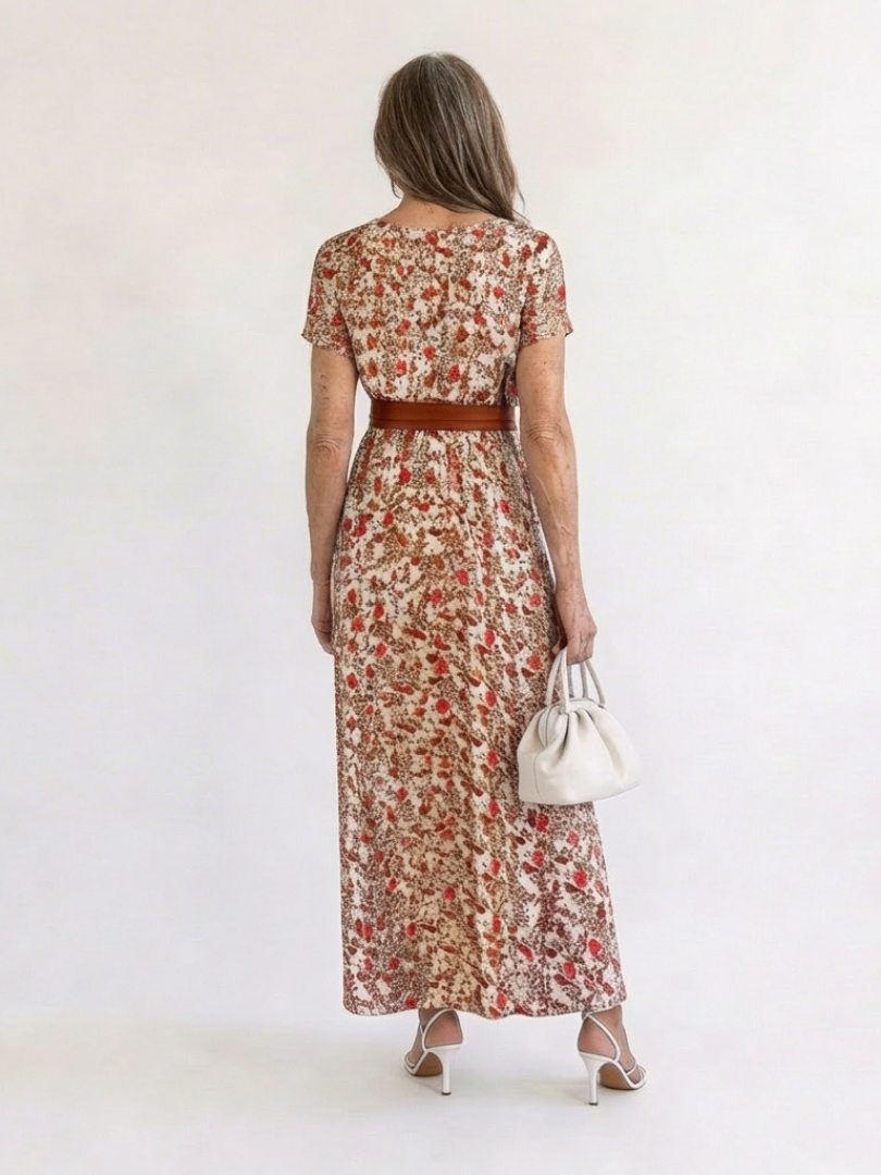 Women's Floral V-Neck Midi Dress with Belt for Spring