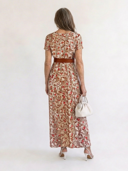 Women's Floral V-Neck Midi Dress with Belt for Spring