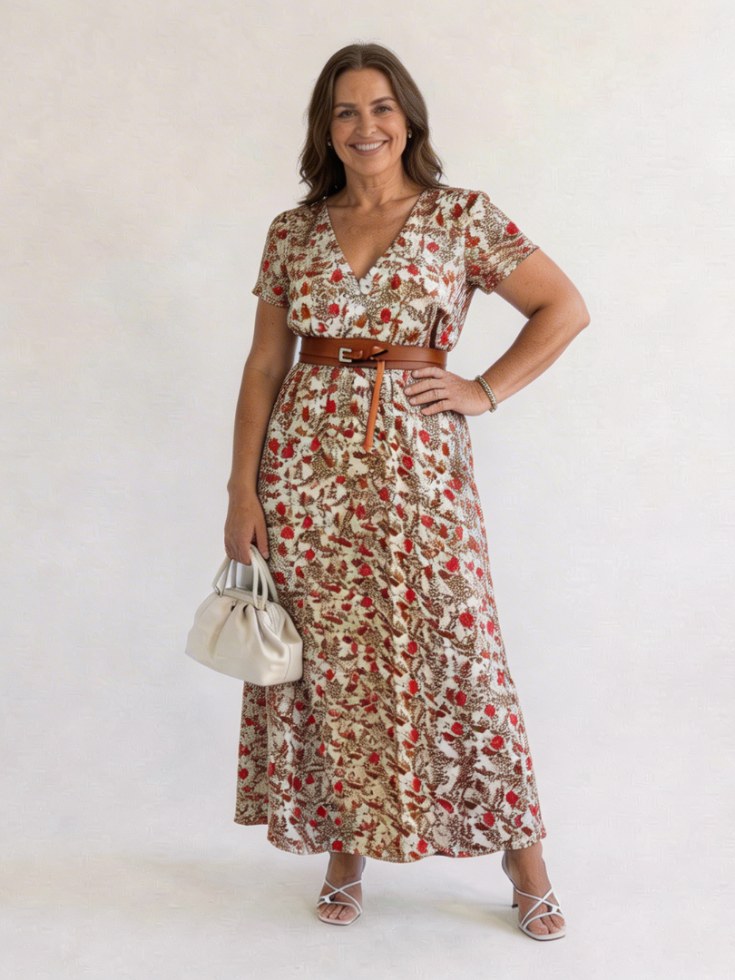 Women's Floral V-Neck Midi Dress with Belt for Spring
