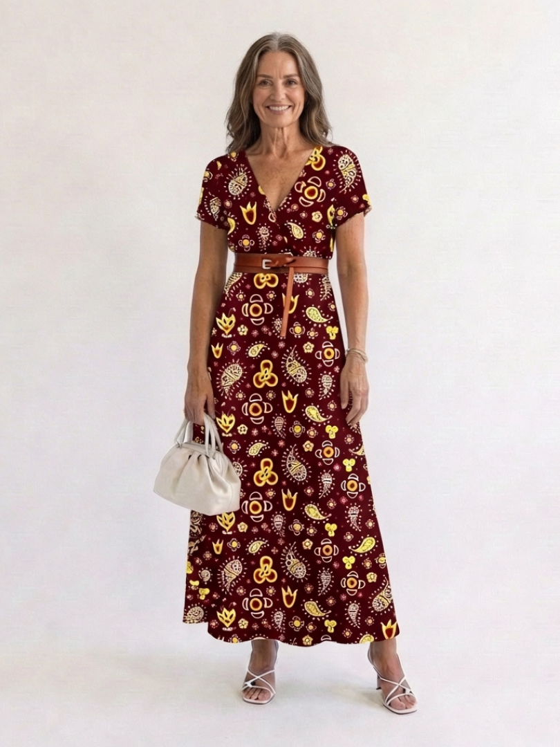 Women's Floral V-Neck Midi Dress with Belt for Spring