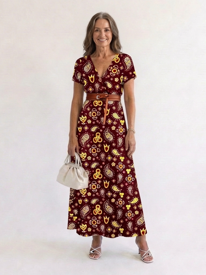 Women's Floral V-Neck Midi Dress with Belt for Spring
