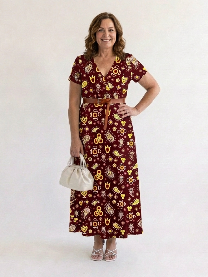 Women's Floral V-Neck Midi Dress with Belt for Spring