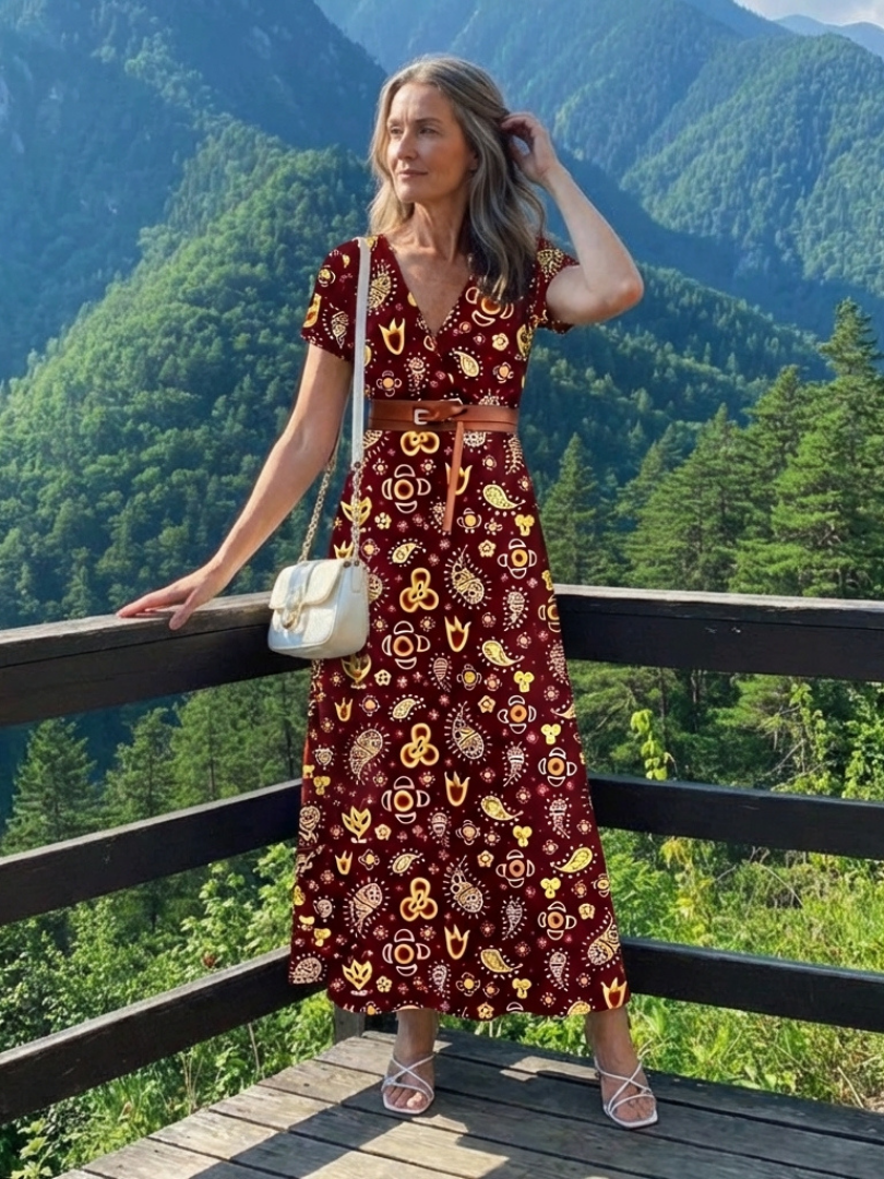 Women's Floral V-Neck Midi Dress with Belt for Spring