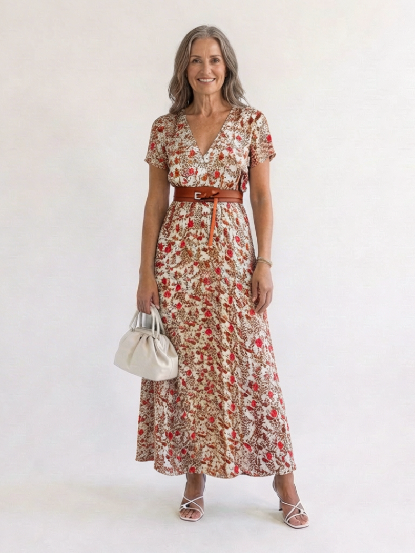 Women's Floral V-Neck Midi Dress with Belt for Spring