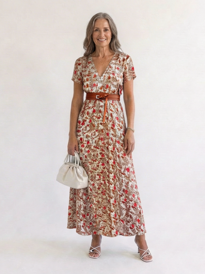 Women's Floral V-Neck Midi Dress with Belt for Spring